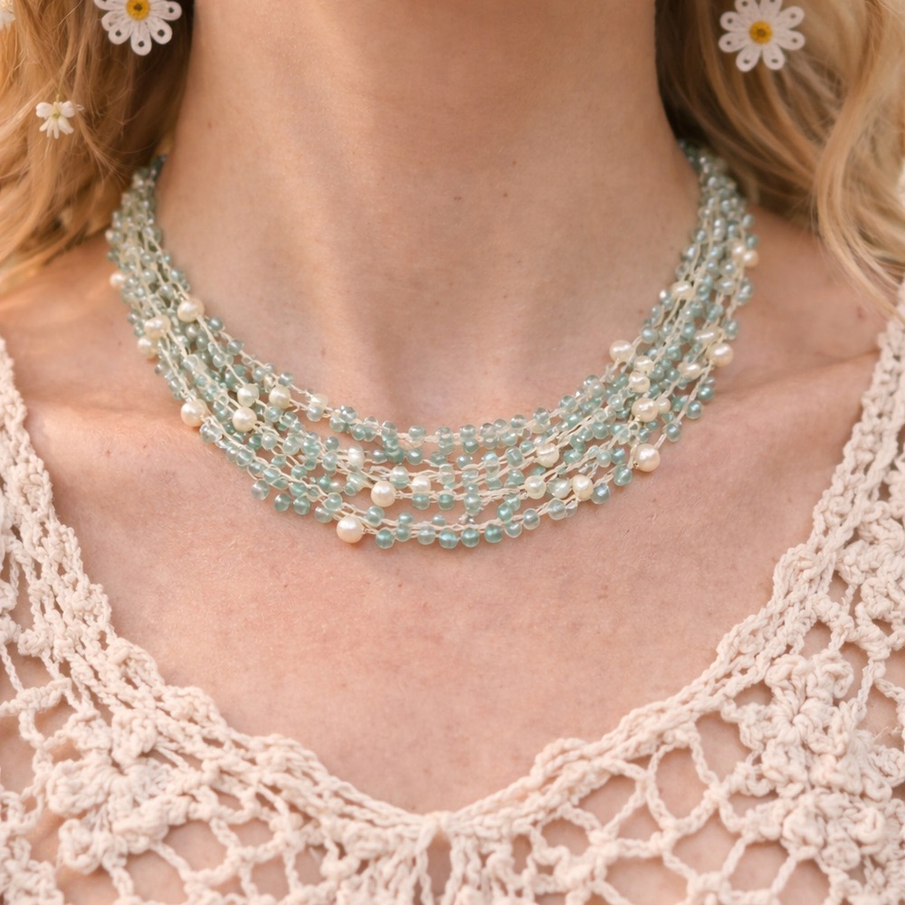 Vintage‎ Aqua Glass & Pearl Multi-Strand Necklace Boho Beachy Layered